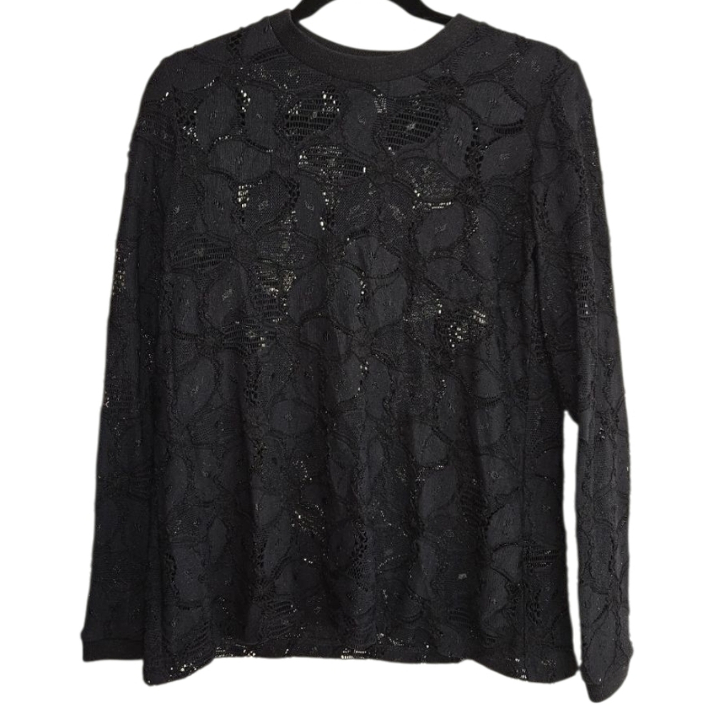 Sheer Lace Top Medium Worth NY Long Sleeve Layer Made In USA Fairy Goth Black